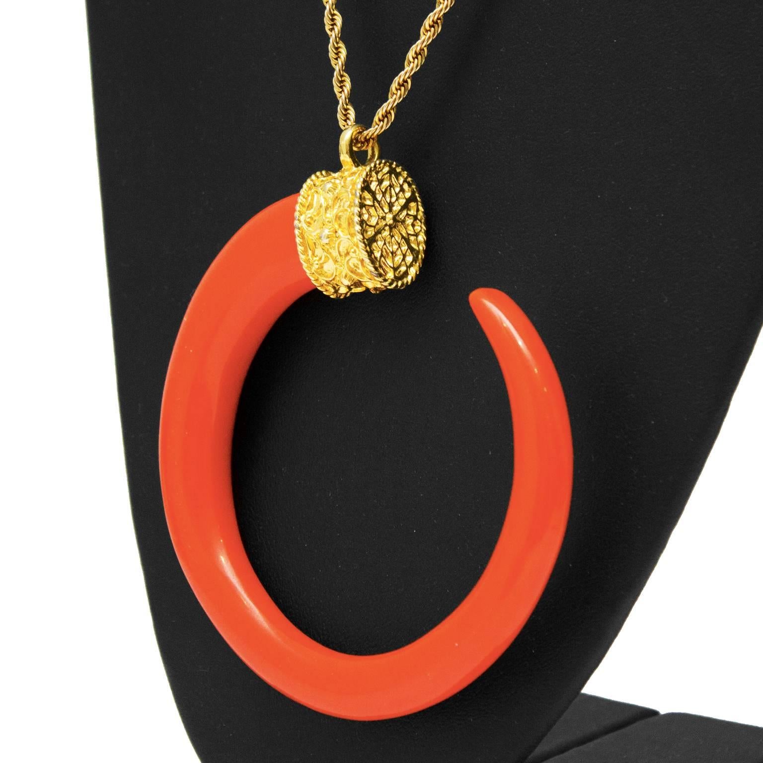 Anglo-Indian 1970's Kenneth Jay Lane Faux Coral Crescent Pendant
