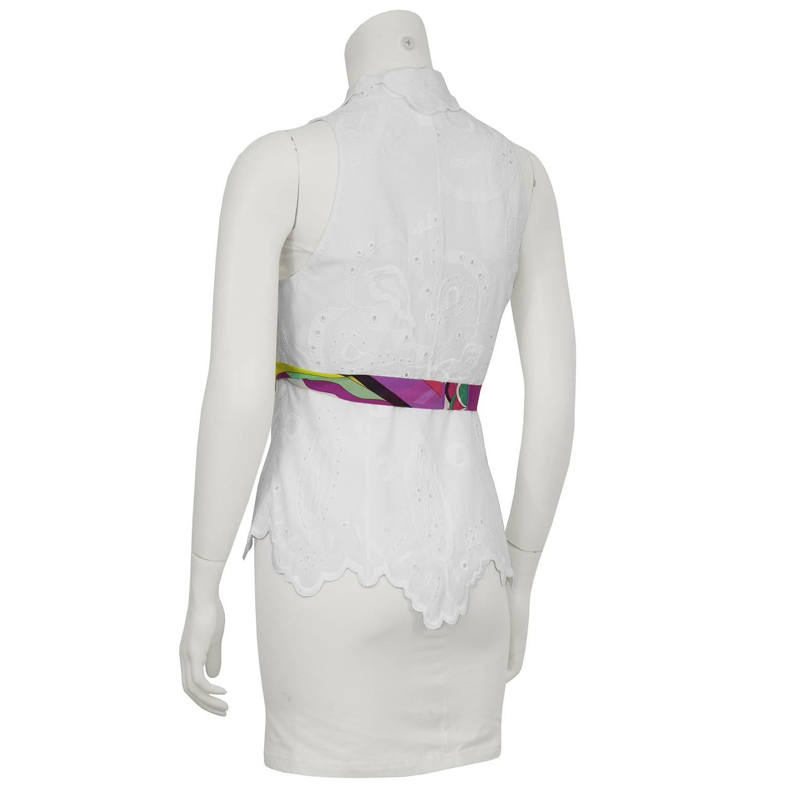 Gray 2000's Pucci White Eyelet Top With Patterned Belt