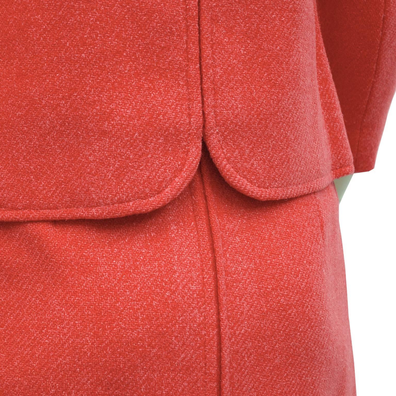 Red 1960's Molyneux Coral Wool Skirt Suit For Sale