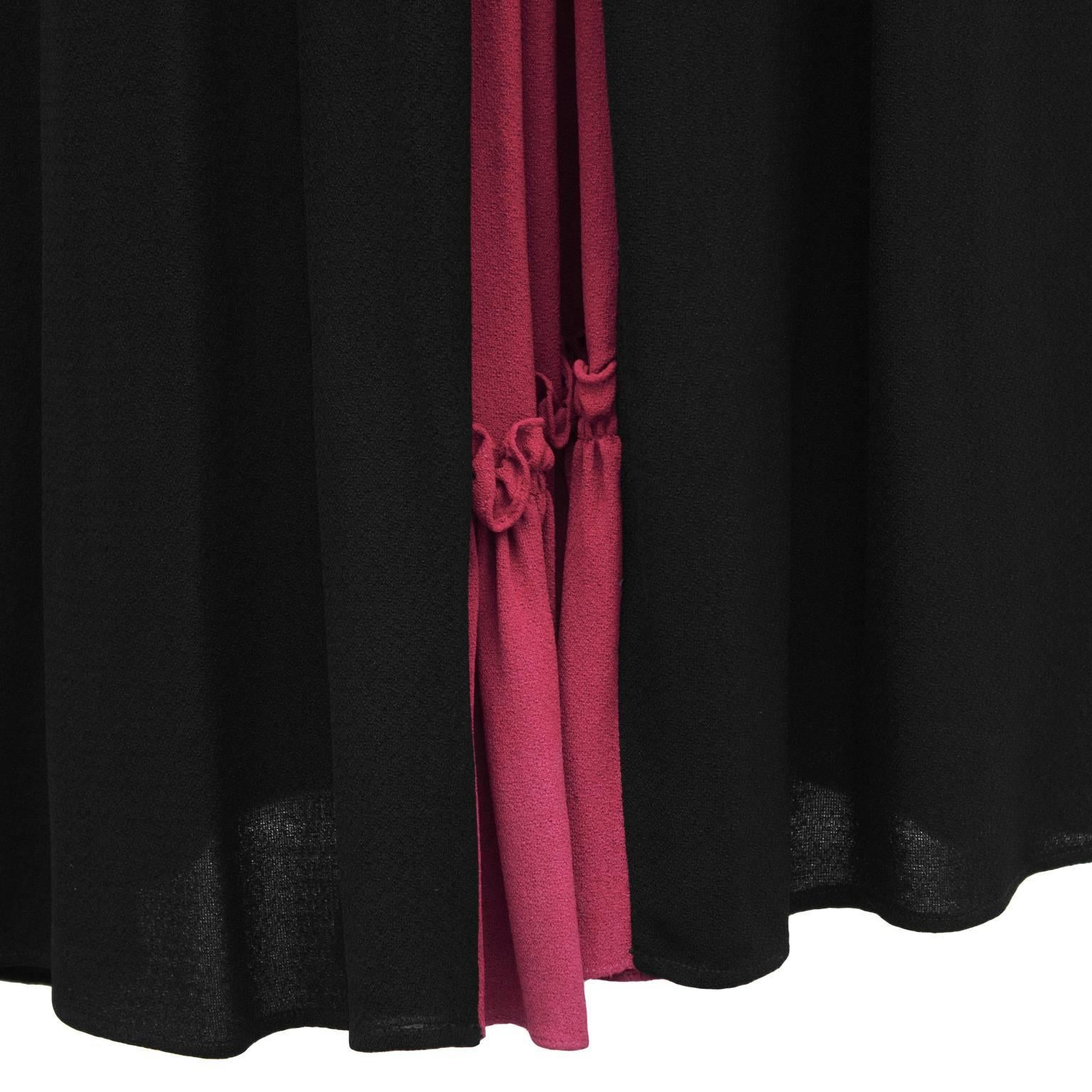 1970's Black Moss Crepe Gown with Fuchsia Ruffle Detail  2