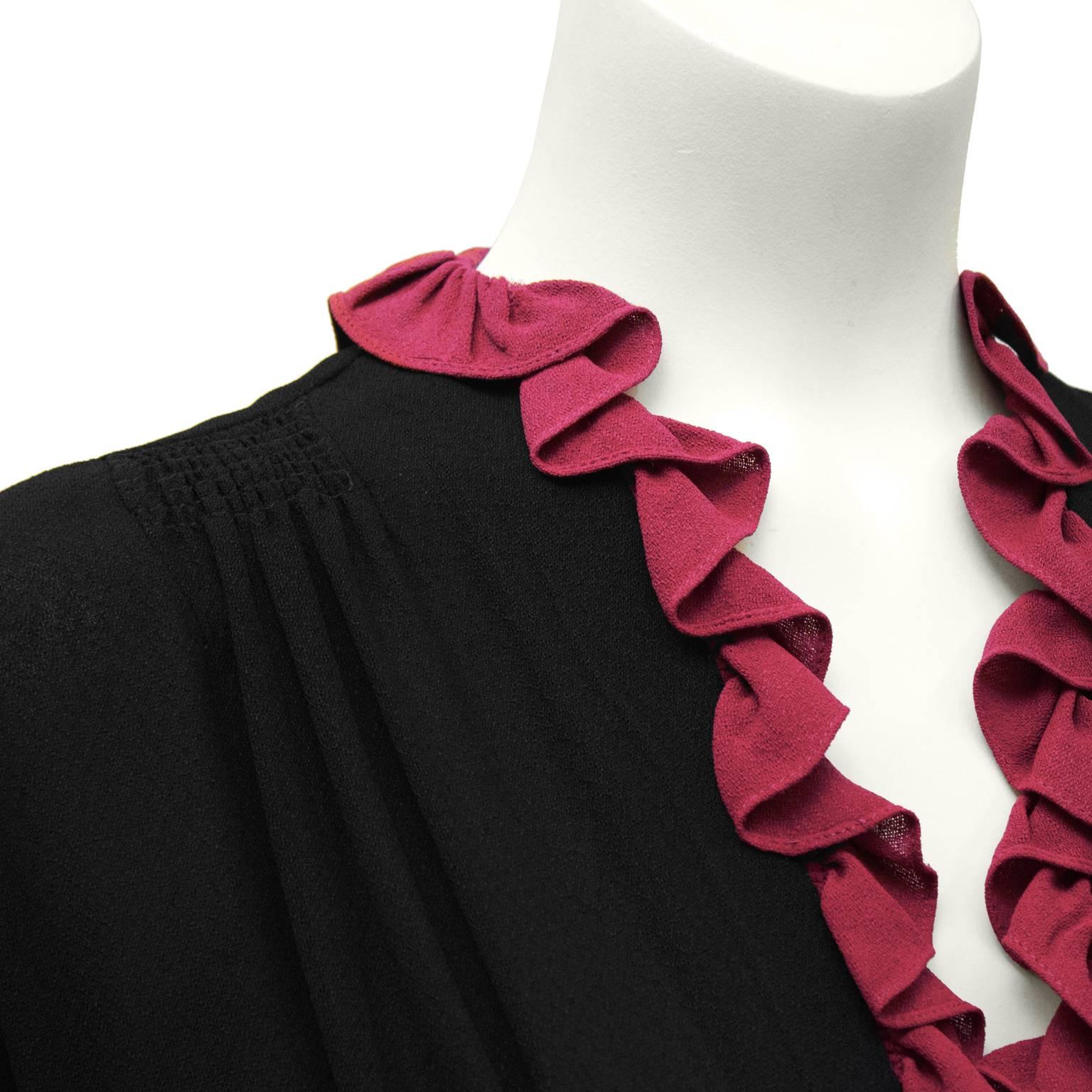 1970's Black Moss Crepe Gown with Fuchsia Ruffle Detail  1