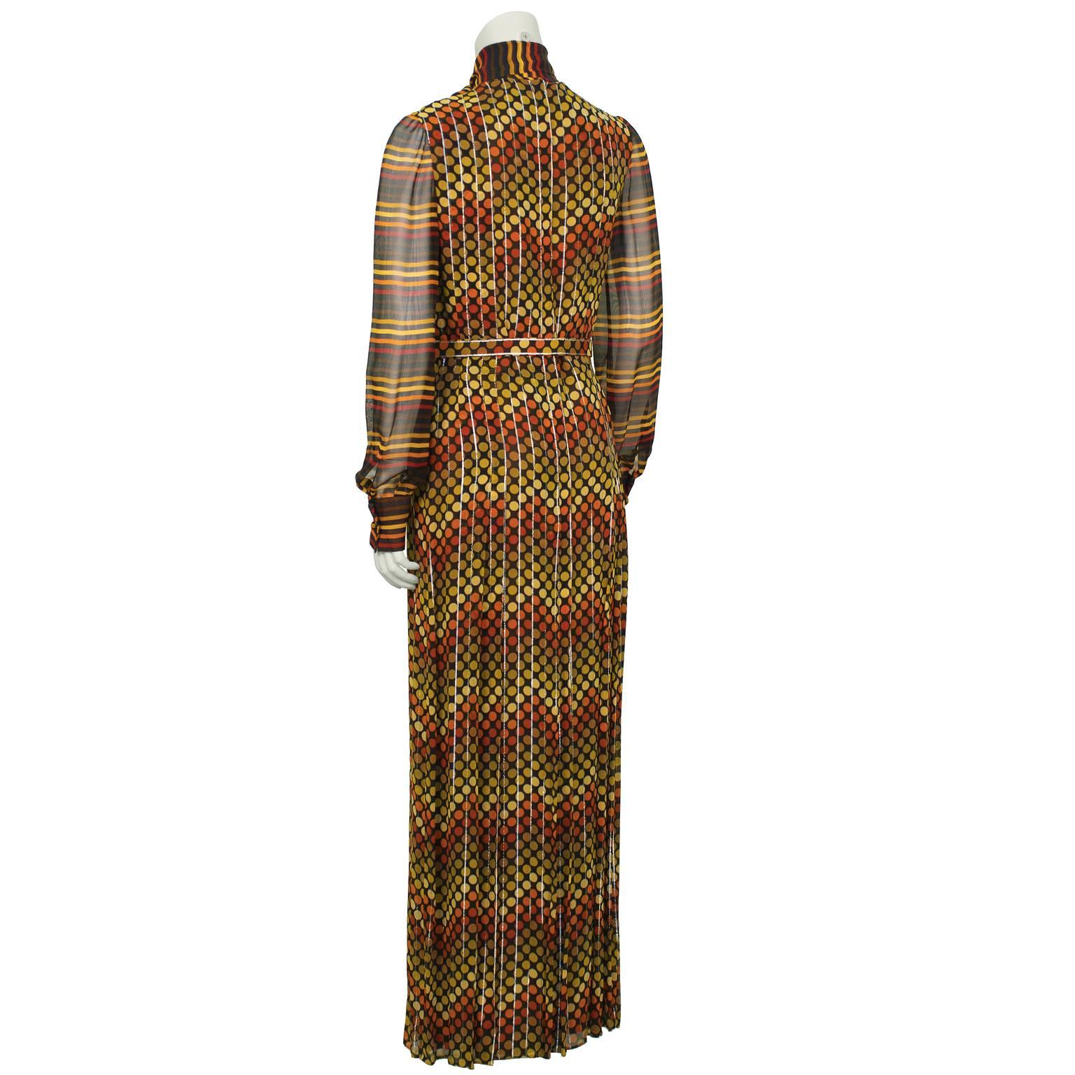 Brown 1970's Andre Laug Orange and Yellow Jacquard Gown 