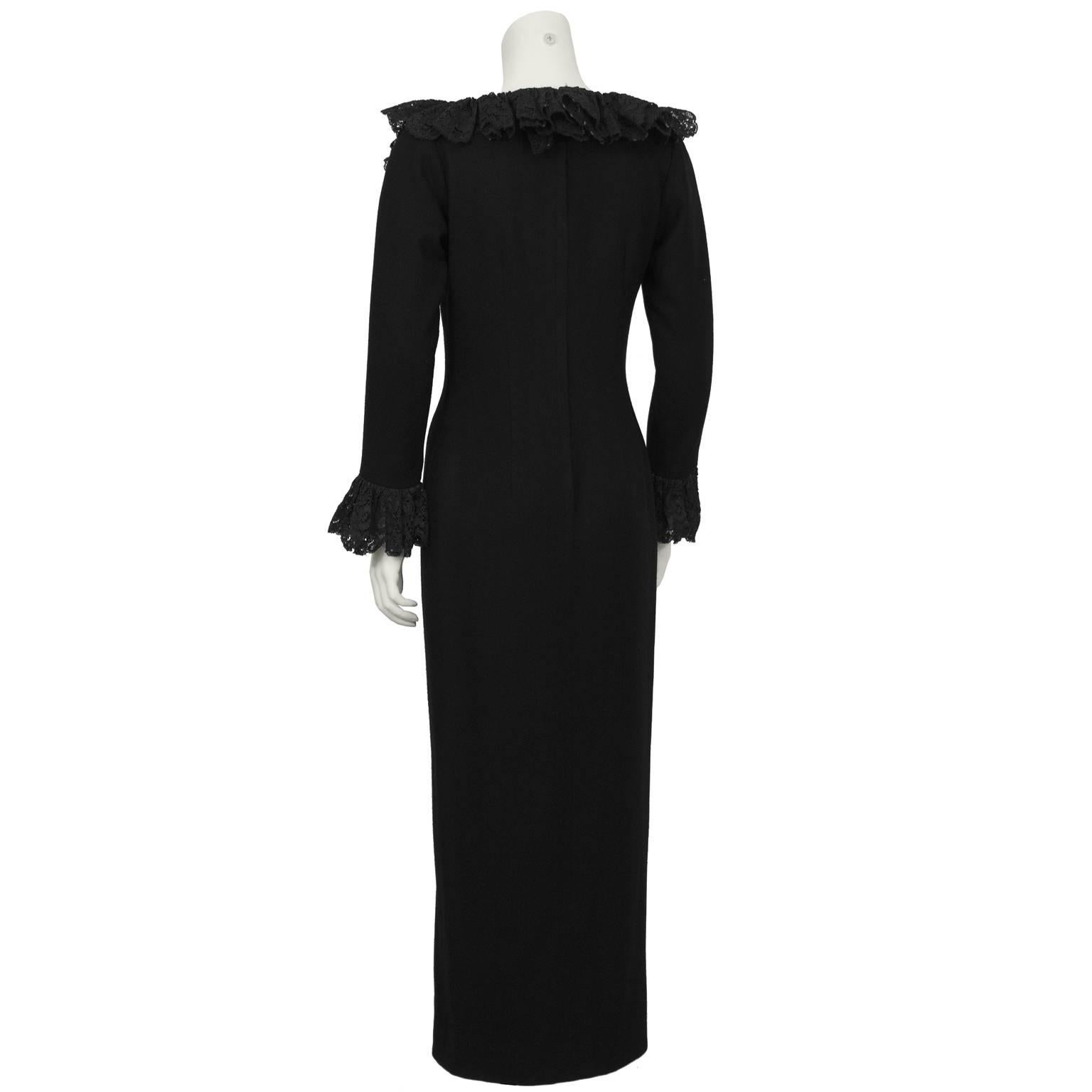 1960's Dellarossa Black Gown with Lace Trim In Excellent Condition In Toronto, Ontario