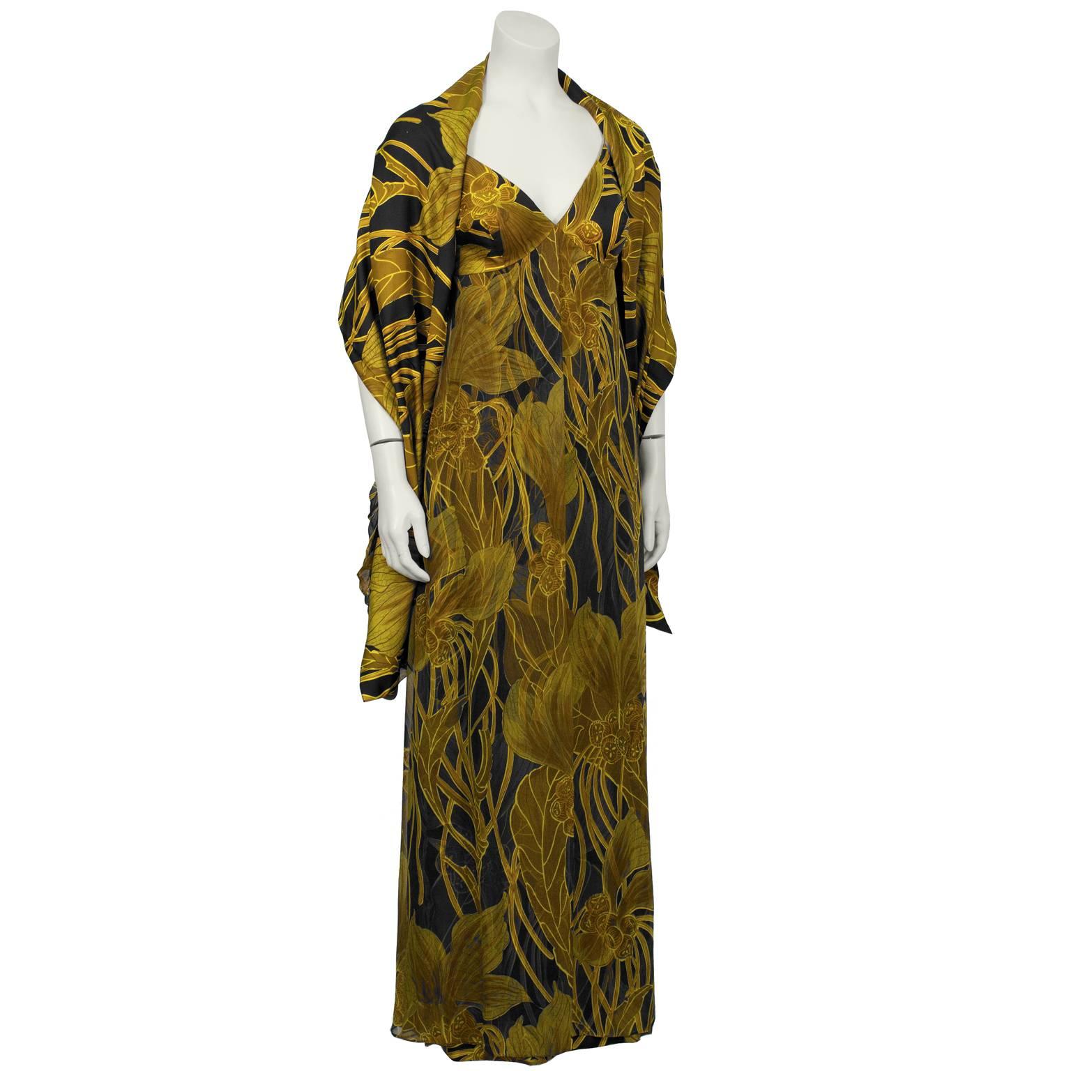 Brown 1970's Anonymous Gold and Black Floral Gown For Sale