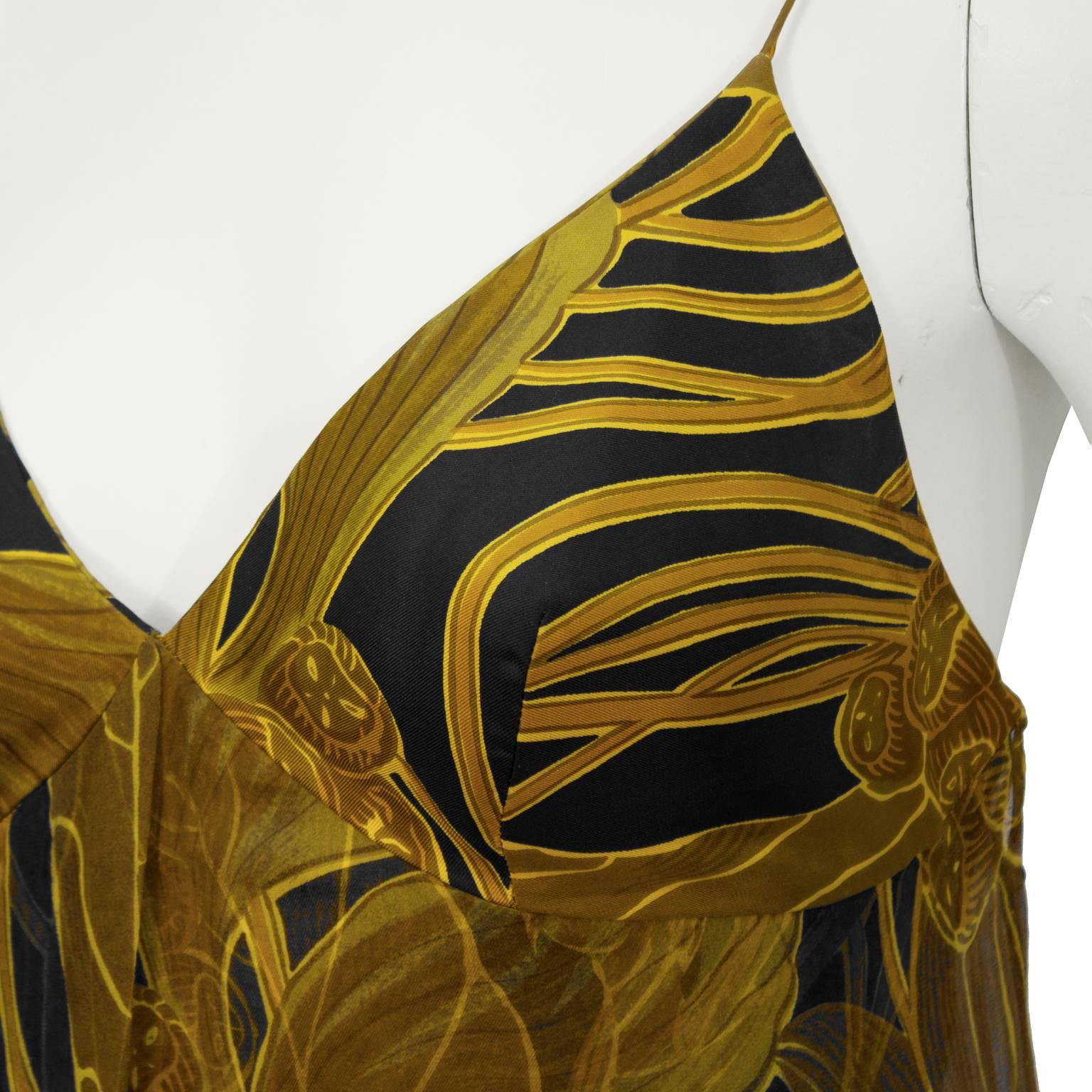 Women's 1970's Anonymous Gold and Black Floral Gown For Sale