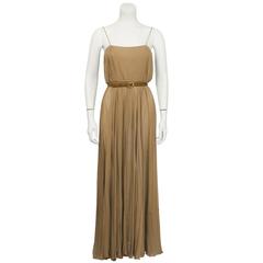 Bill Blass Mocha Chiffon Pleated Gown w/ Belt