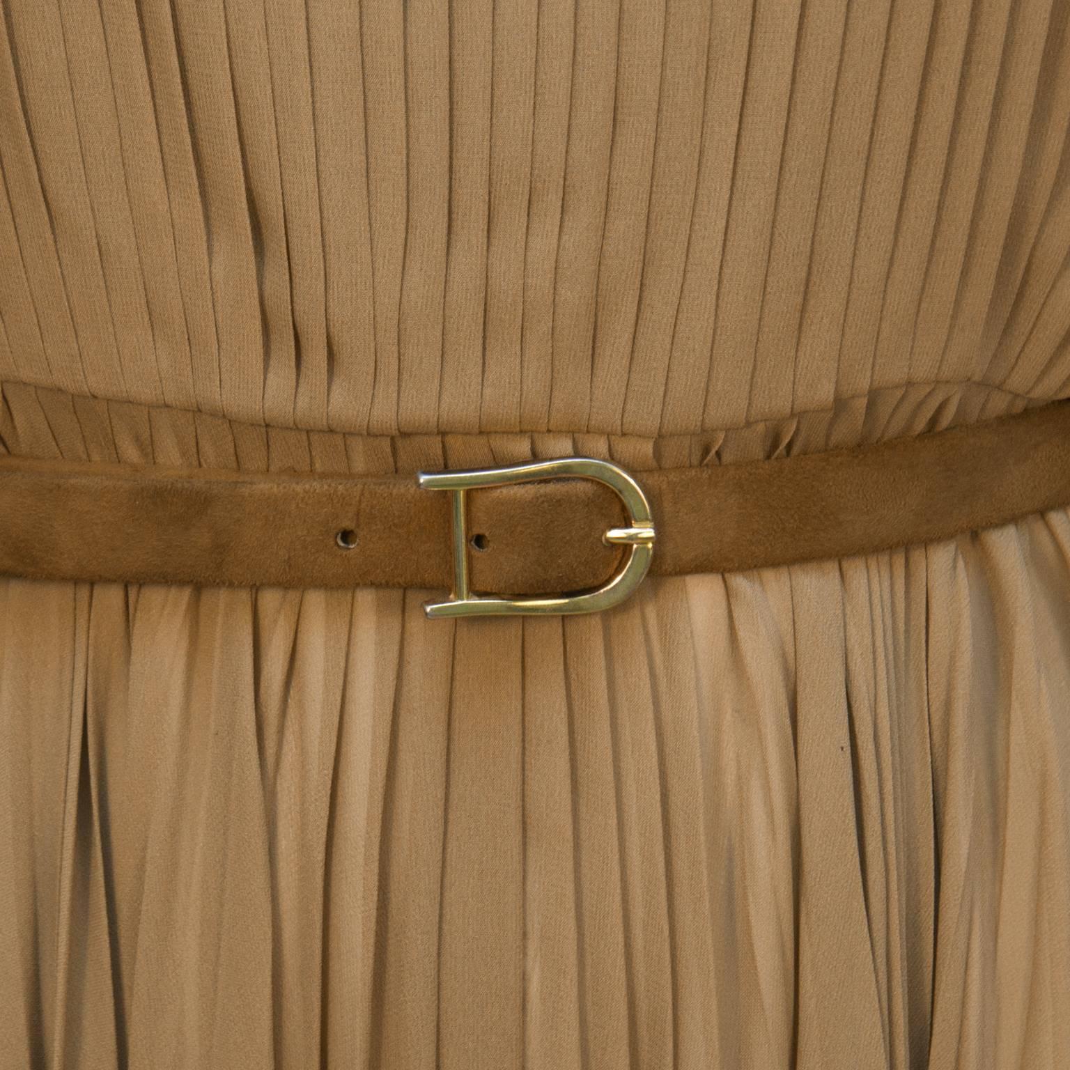Women's Bill Blass Mocha Chiffon Pleated Gown w/ Belt For Sale
