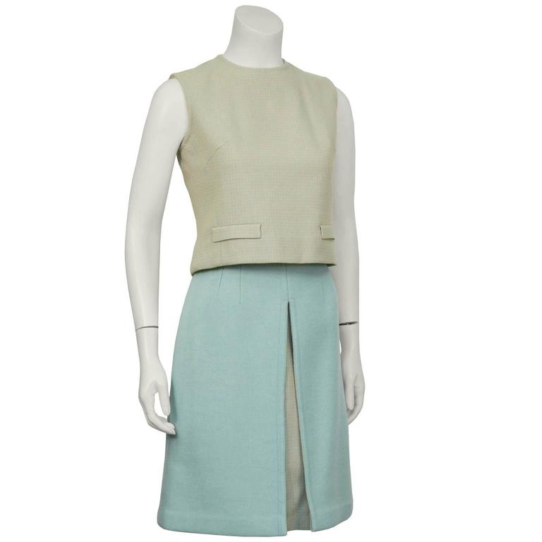 1960's Blue and Beige French Wool Skirt Ensemble For Sale at 1stDibs