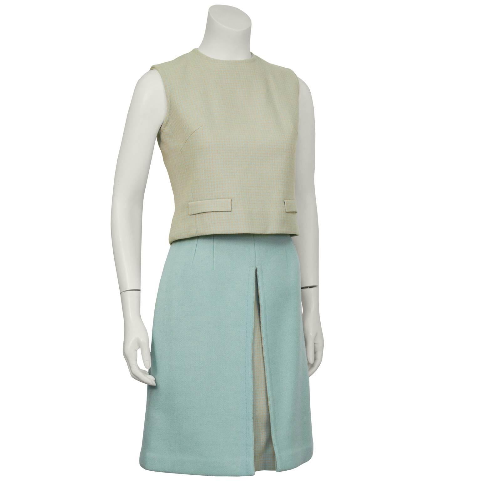 Gray 1960's Blue and Beige French Wool Skirt Ensemble For Sale