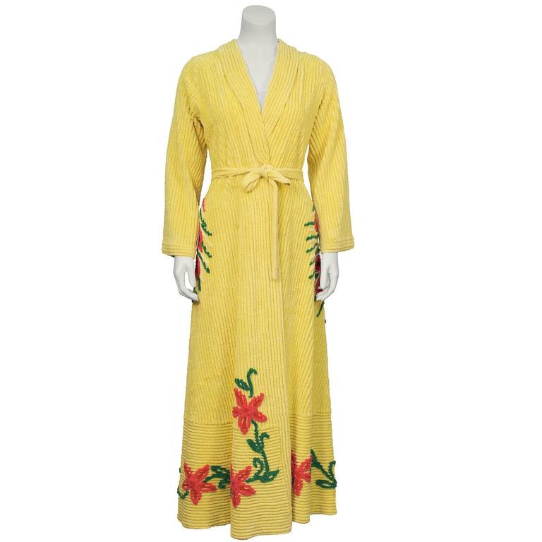 1950's Yellow Chenille Robe With Peacock at 1stDibs