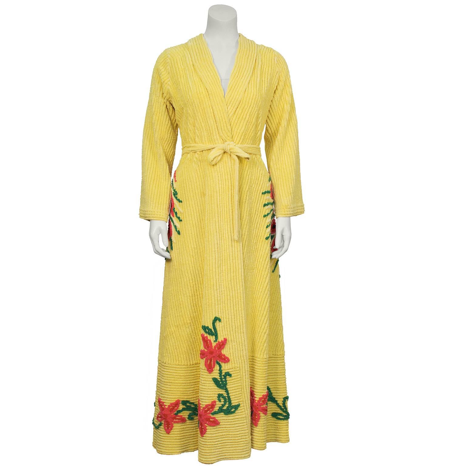 The most fashionable and sought after of the 1950's housecoats. A yellow chenille robe both comfortable and stylish. Think 