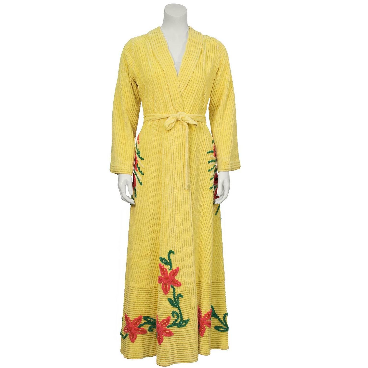 1950's Yellow Chenille Robe With Peacock at 1stdibs