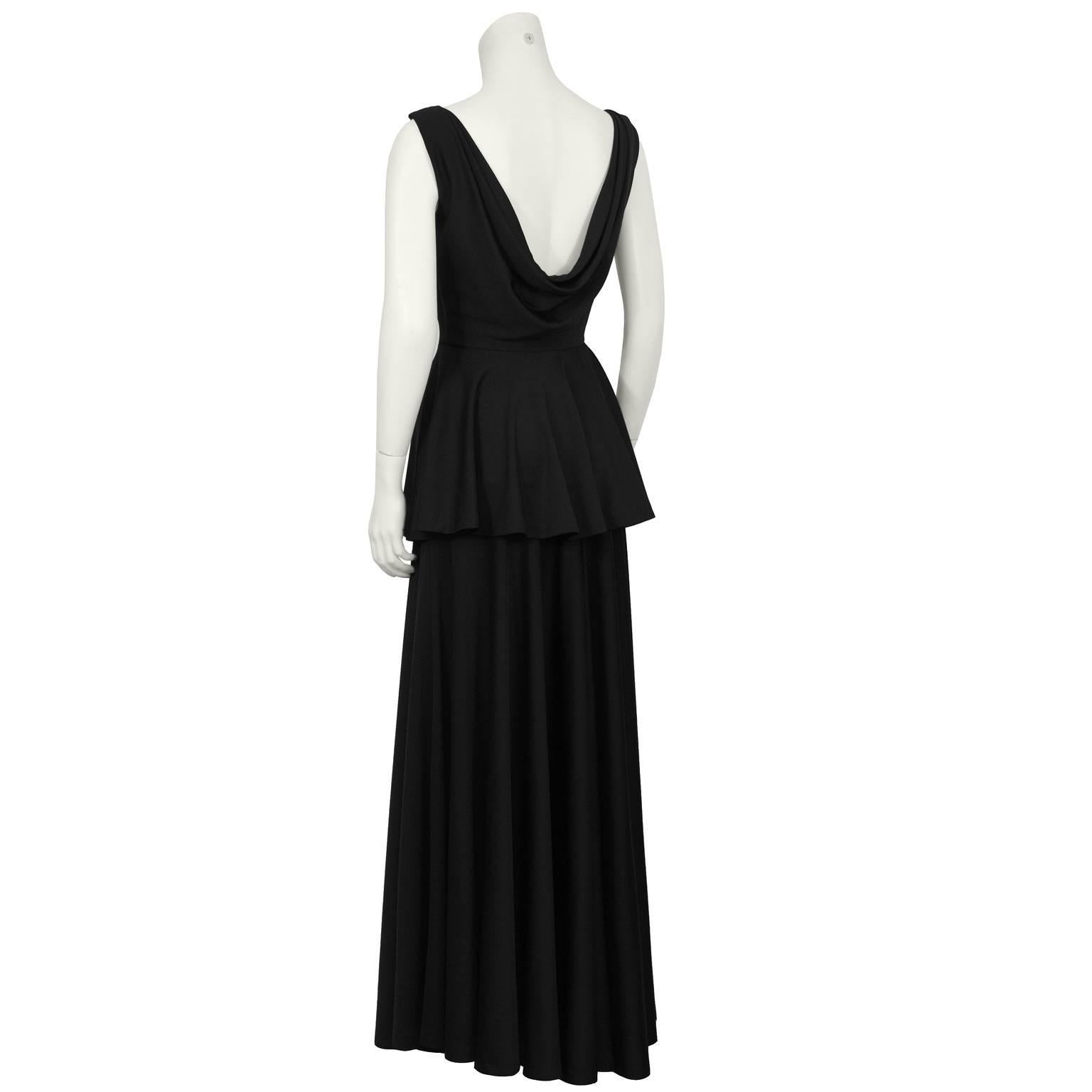 1960's Jean Varon Black Jersey Gown With Peplum In Excellent Condition For Sale In Toronto, Ontario