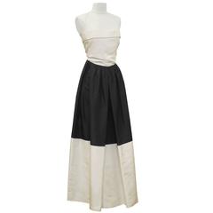 Pauline Trigere Early 1960's Black and Cream Silk Taffeta Strapless Gown