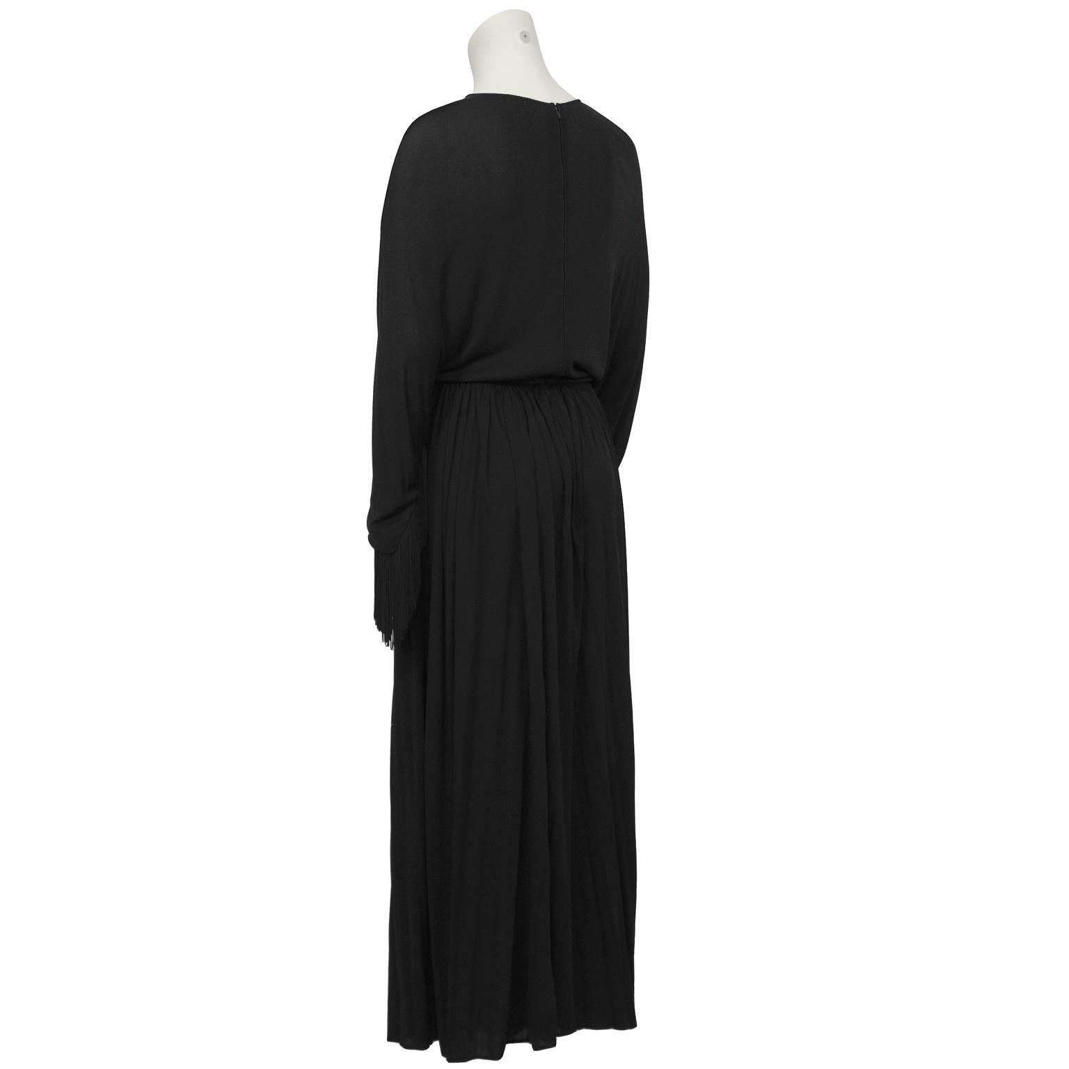 1970's Black Jersey Gown with Fringe Detail In Excellent Condition In Toronto, Ontario