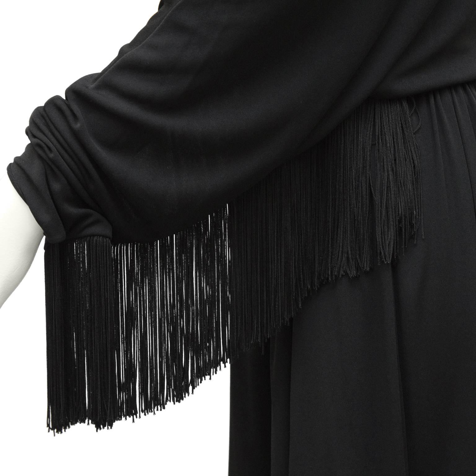 Women's 1970's Black Jersey Gown with Fringe Detail