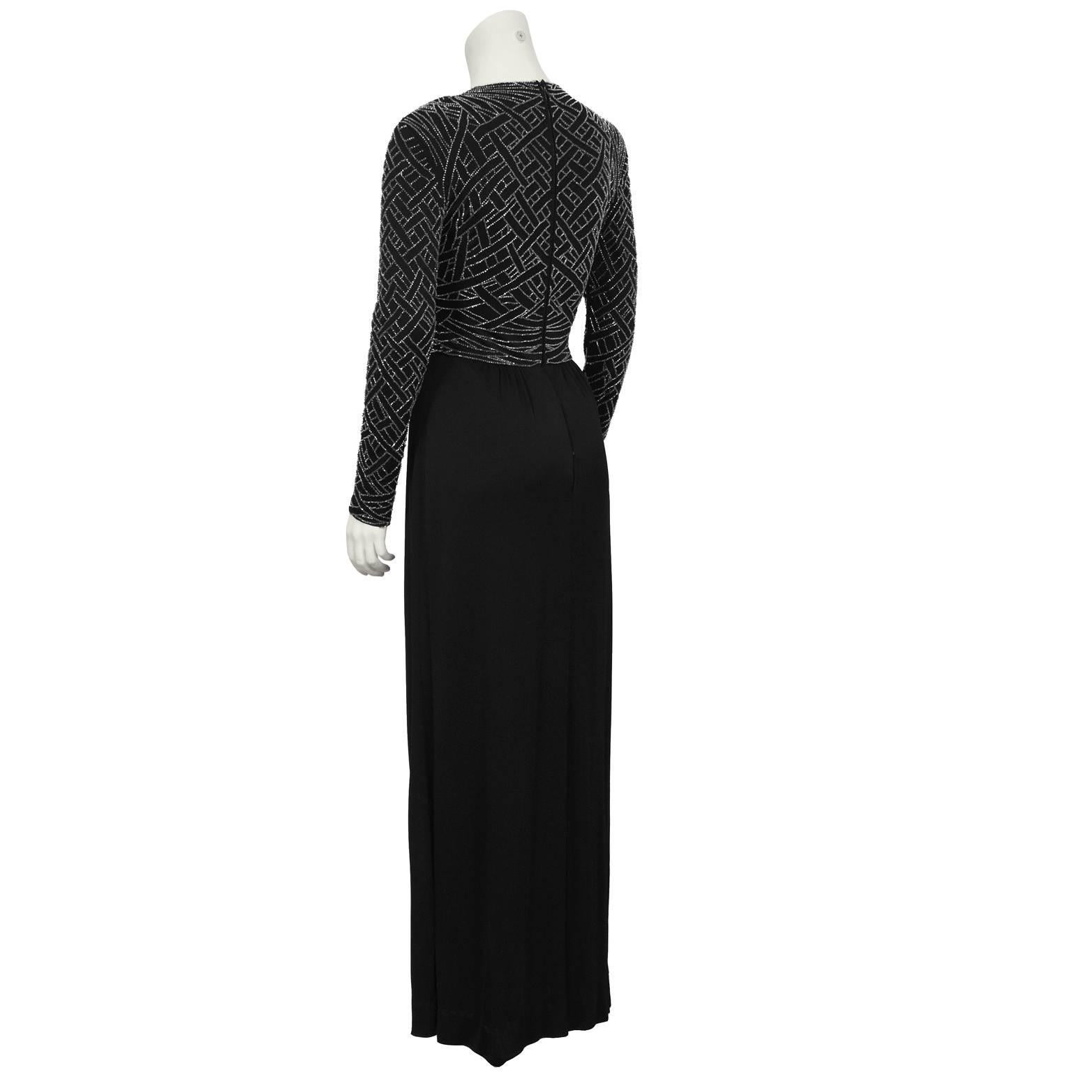 1970's Victoria RoyalBlack Jersey and Silver Beaded Gown In Good Condition For Sale In Toronto, Ontario