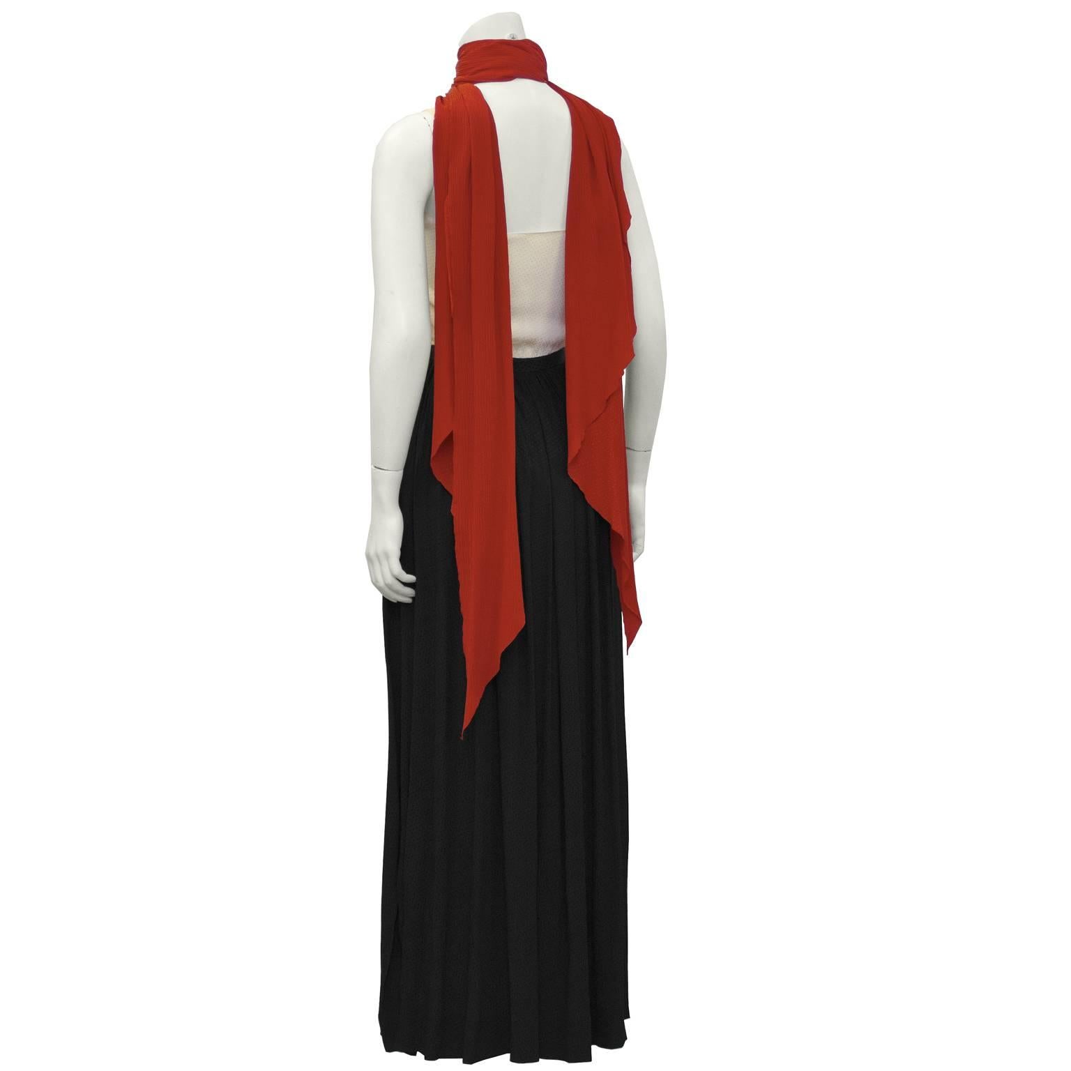 Black 1970's Color Block Silk Jacquard Gown with Scarf For Sale
