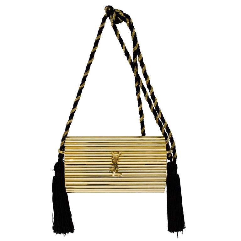 YSL Vintage Gold Metal Black Tassel Evening Bag / Clutch 1980s – Basha Gold