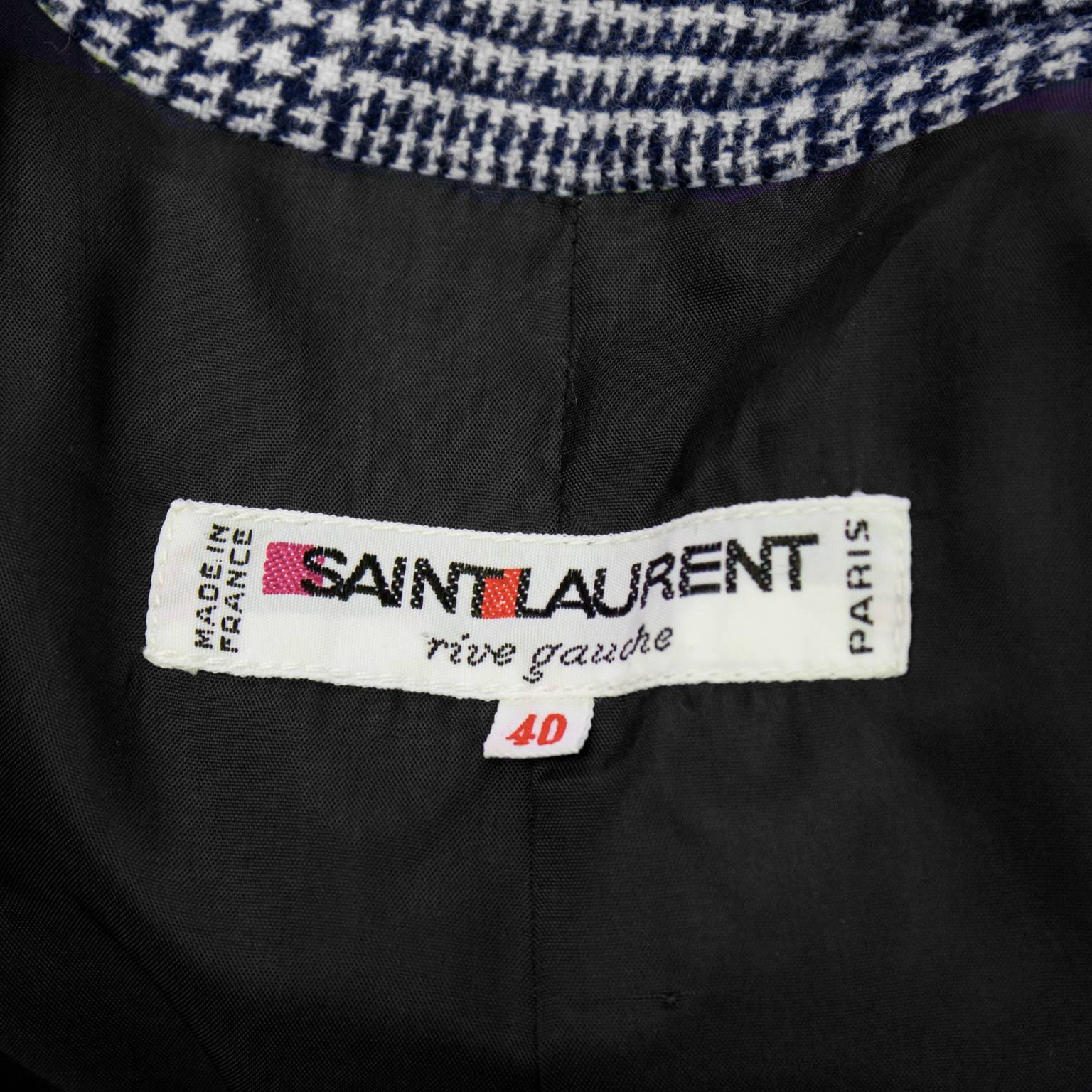 Gray 1970's Yves Saint Laurent YSL Blue Houndstooth Wool Safari Suit