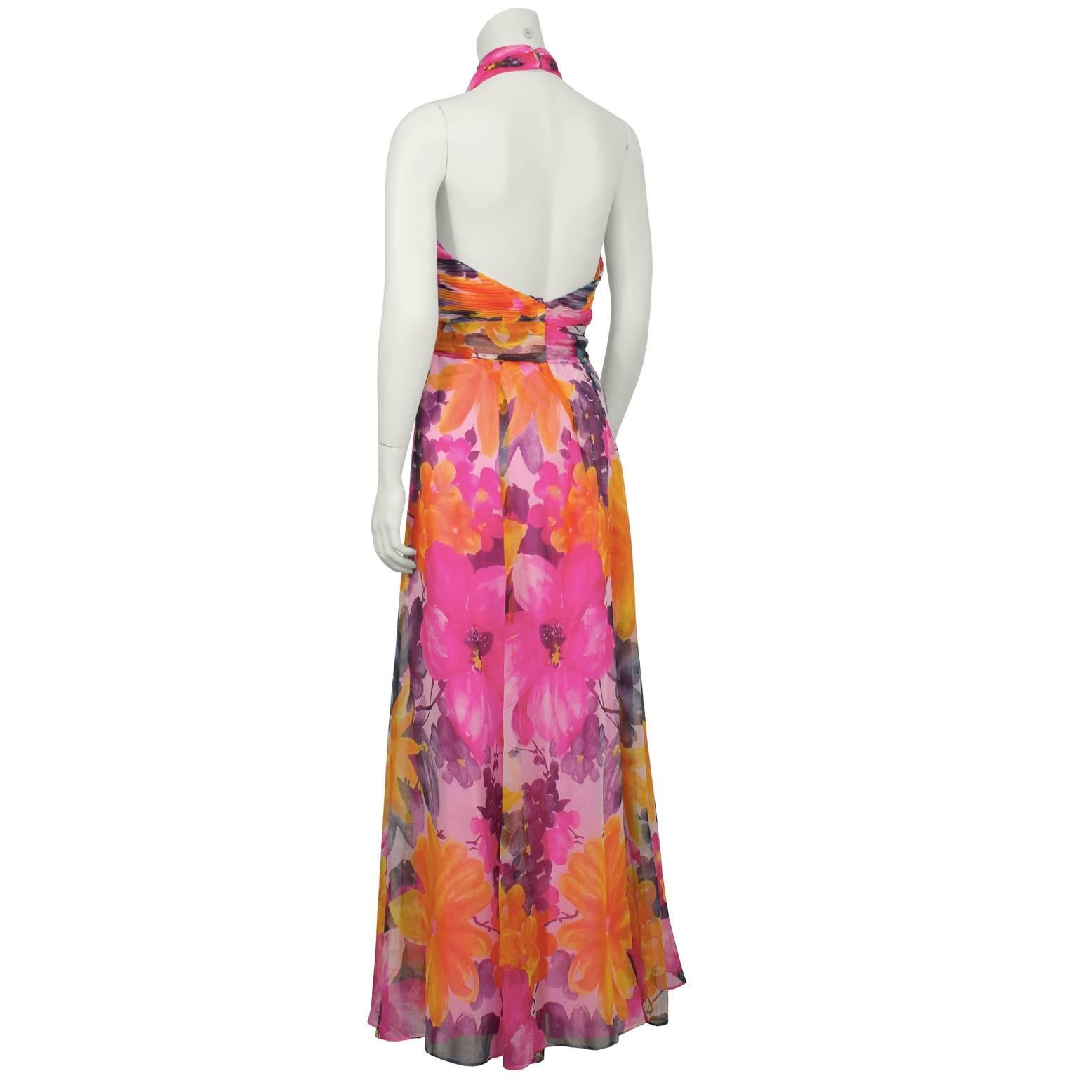 1970's Hot Pink Floral Halter Gown In Excellent Condition In Toronto, Ontario