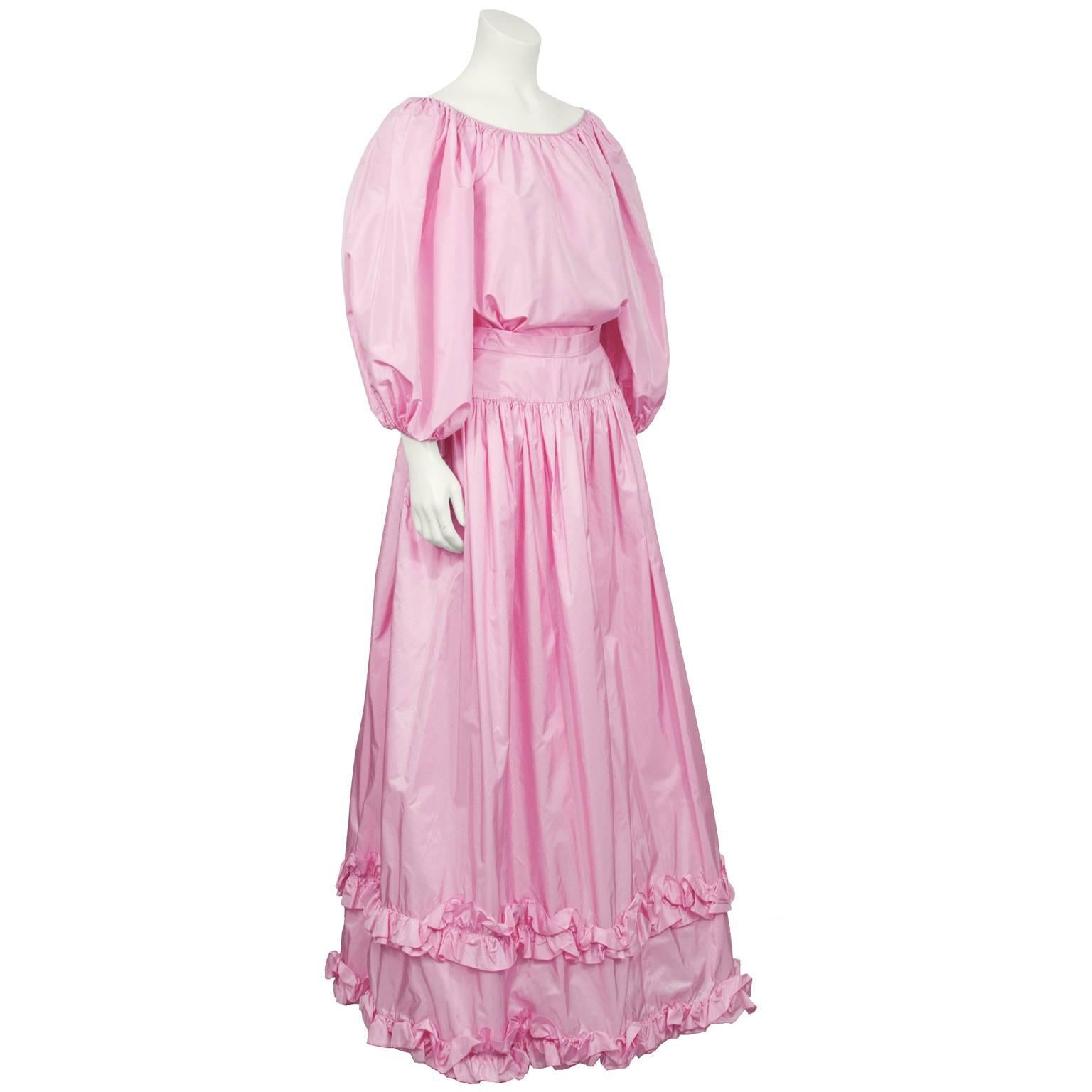 Bubblegum pink silk taffeta ballgown skirt and peasant top ensemble credited to Oscar de la Renta. The top has a wide neckline with keyhole tie and full sleeves. Meant to be worn tucked in and slightly bloused. Skirt has fitted waistband, worn at