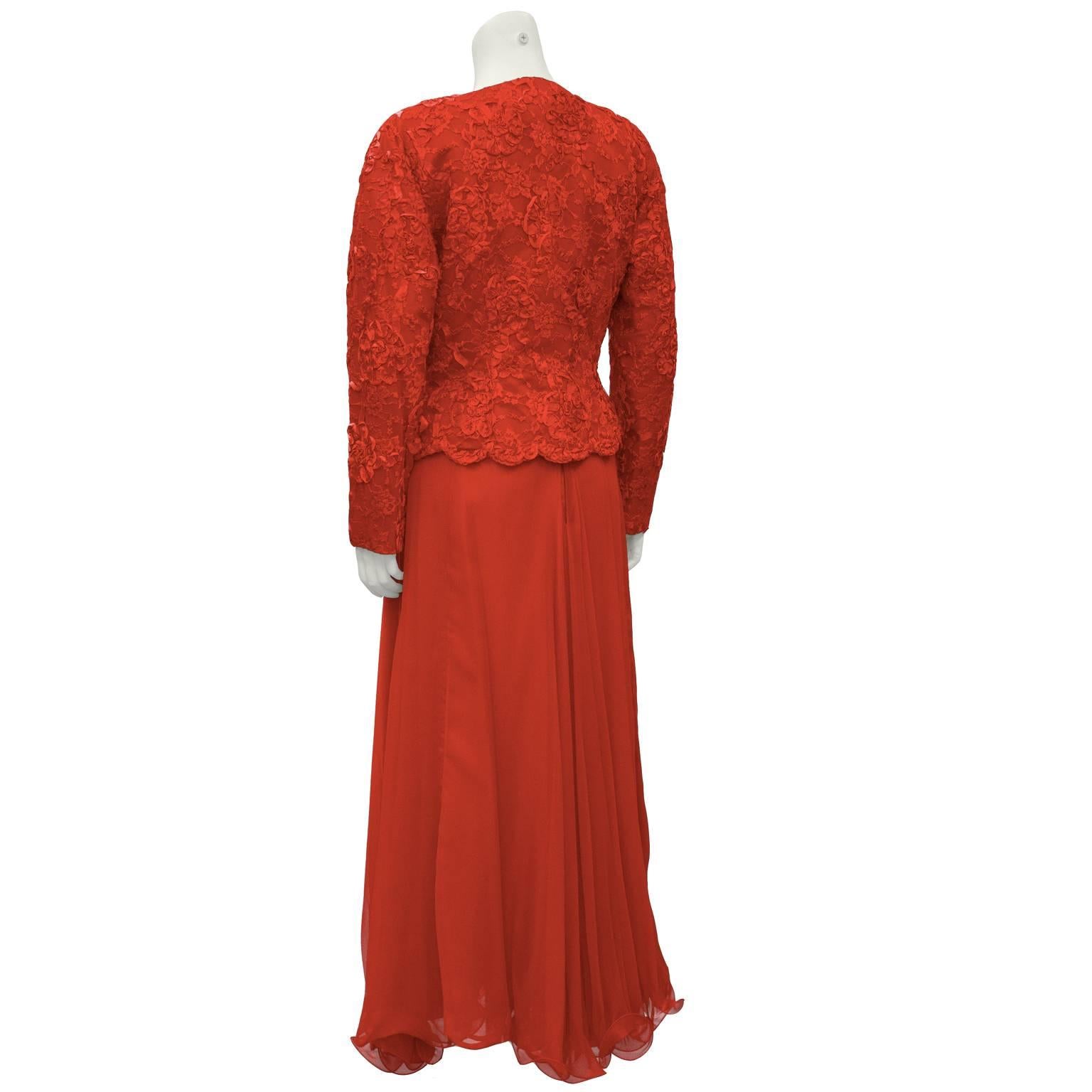 1980's Scaasi Red Lace and Satin Gown With Jacket In New Condition For Sale In Toronto, Ontario