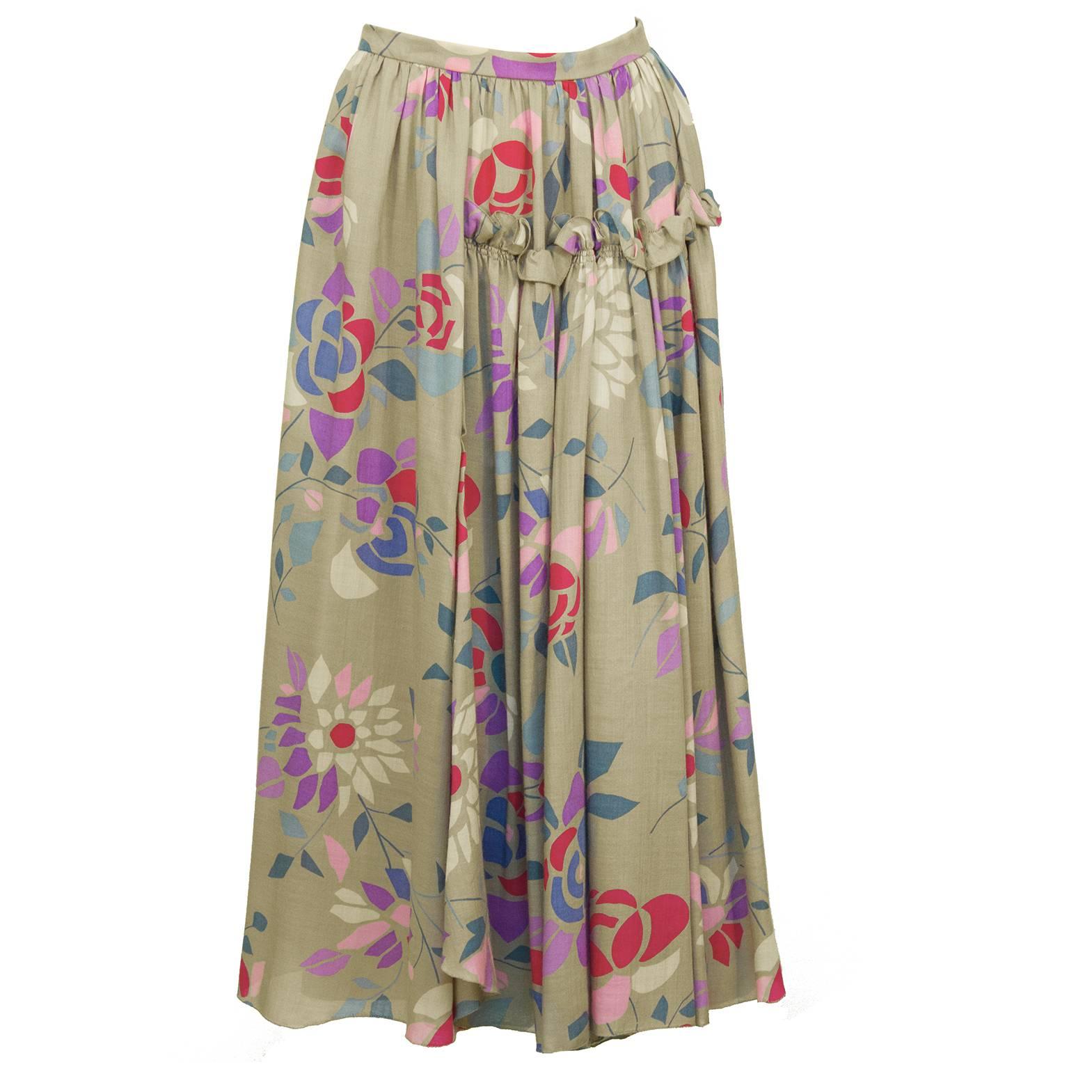 Brown 1970's Chloe Taupe and Floral Silk Skirt Ensemble