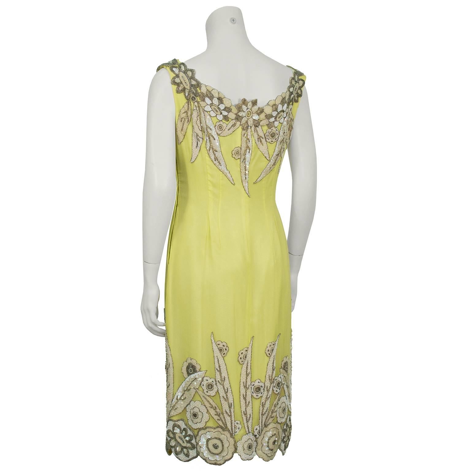 Beige 1960's Demi Couture Yellow Silk Dress With 1920's Beading