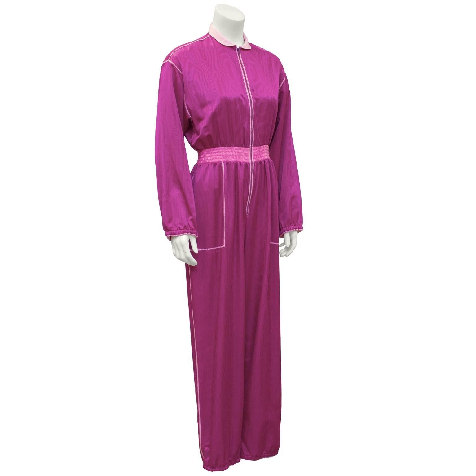 1970's Fernando Sanchez magenta and pink jumpsuit. In the 1970s Sanchez  introduced dressmaking techniques and fabrics to his lingerie designs thus began the cross over from strictly “at home wear” to being acceptable in public places. Worn by