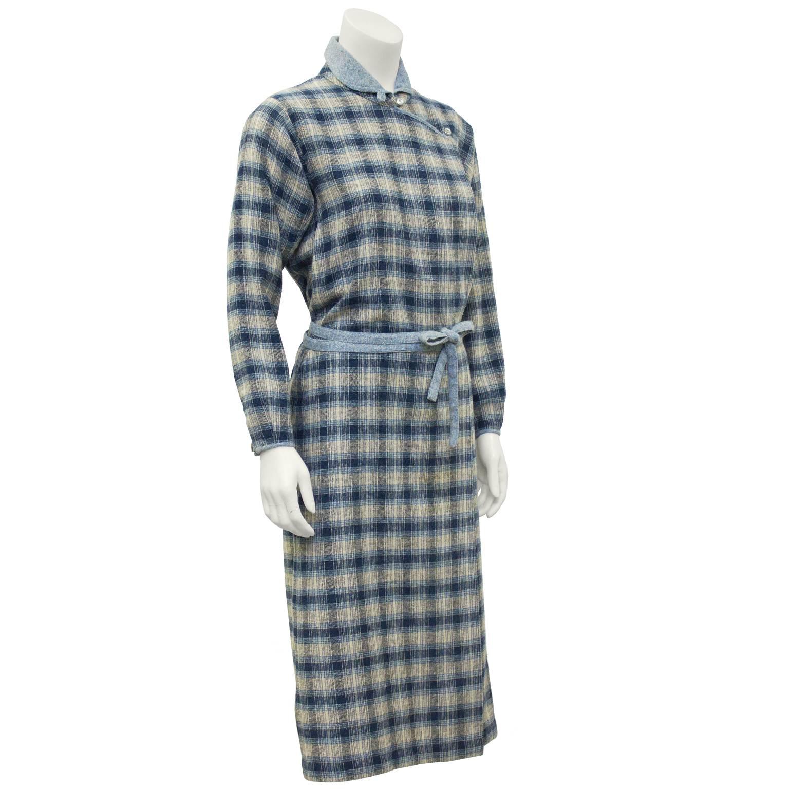 1973 Kenzo Jap Collection  denim blue and grey plaid mid calf dress with tiny mandarin collar and diagonal buttons in the Asian style referred to as Cheongsam. Narrow attached belt can be tied to the front or back. In excellent condition. Fits like
