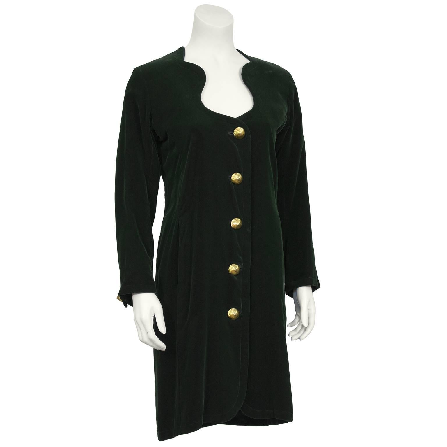 Late 1980's YSL/Yves Saint Laurent hunter green velvet fitted dress with matte gold cone shaped metal buttons up the front and and hour glass sweetheart neckline. Form fitting with seams down the front and back. Fits like a US size 6. In excellent