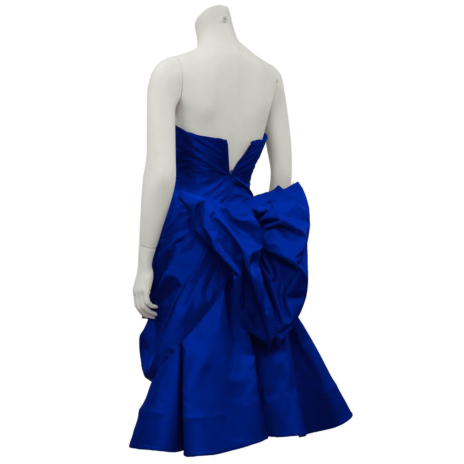 1980's Royal Blue Silk Taffeta Cocktail Dress With Back Bow and Crinoline In Excellent Condition In Toronto, Ontario