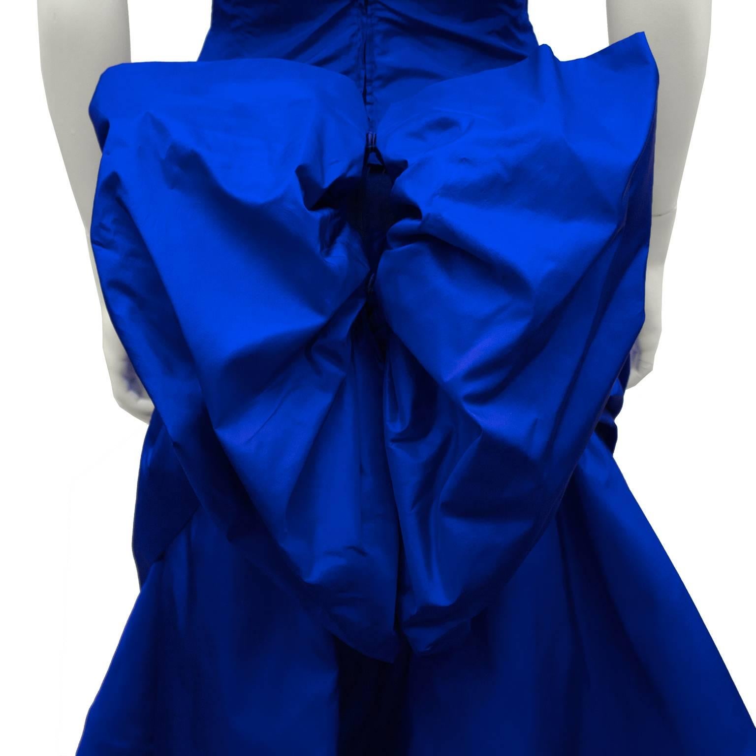 Women's 1980's Royal Blue Silk Taffeta Cocktail Dress With Back Bow and Crinoline