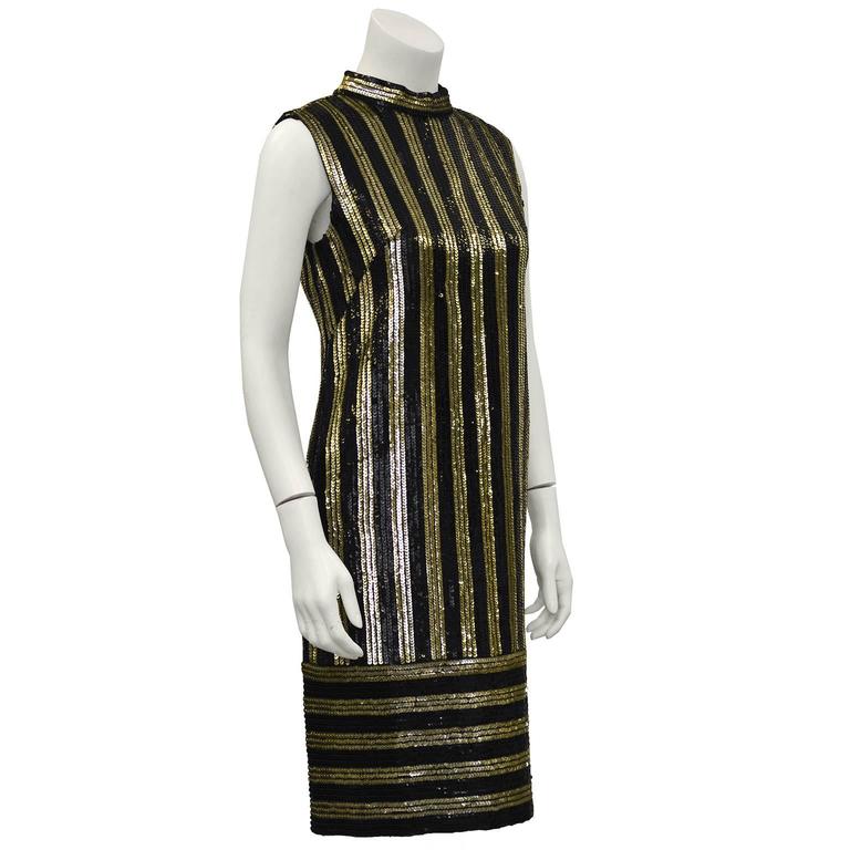 1960's Anonymous Gold and Black Sequin Striped Evening Shift Dress at