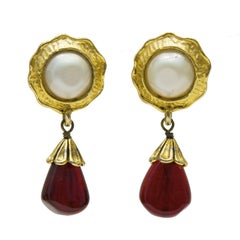 Early 1980's Chanel Pearl and Poured Glass Drop Earrings