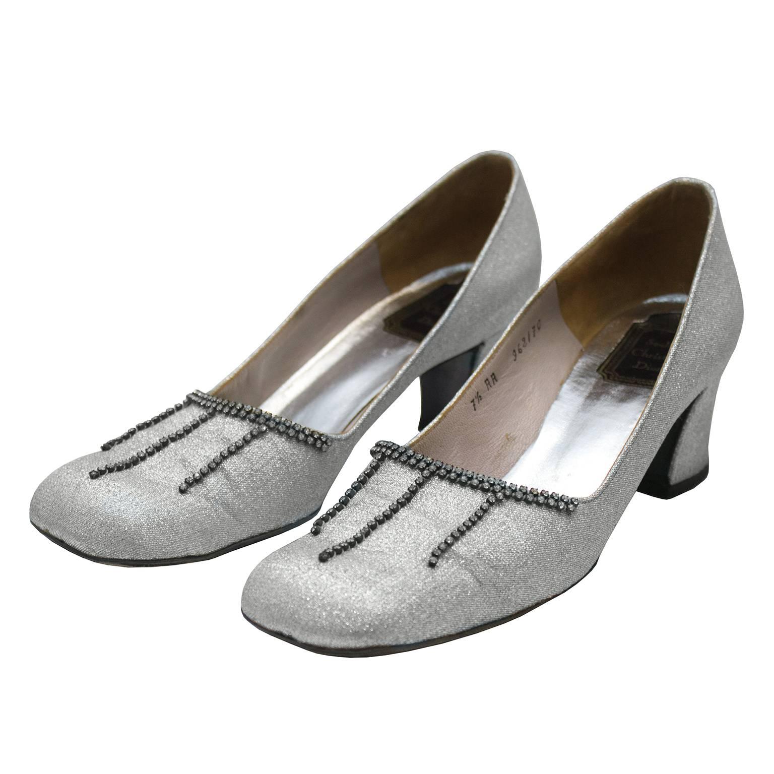 1960's Christian Dior Couture Silver Chink Heels with Diamante Detail