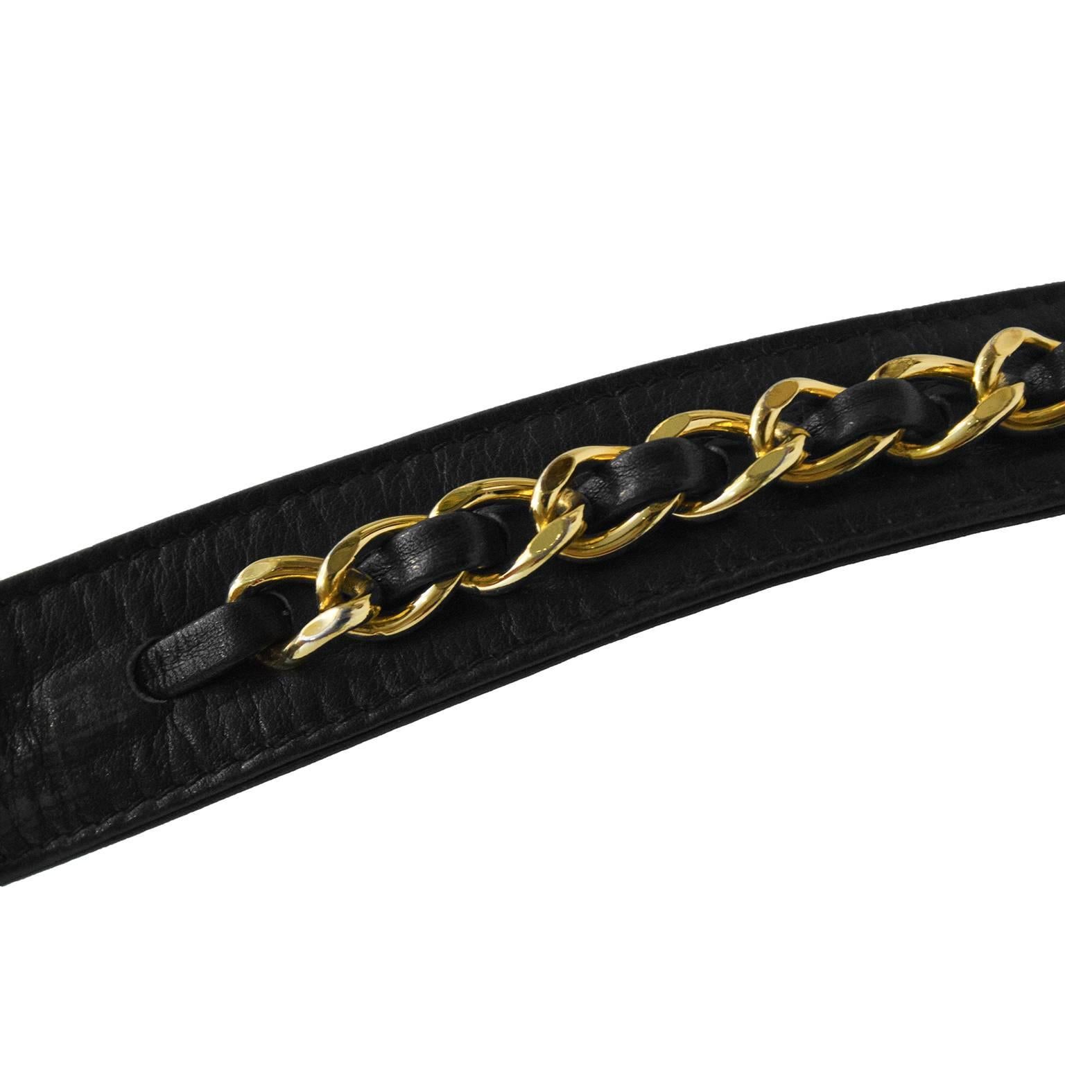 Women's 1980's Chanel Black Leather Skinny Belt With Chain Detail