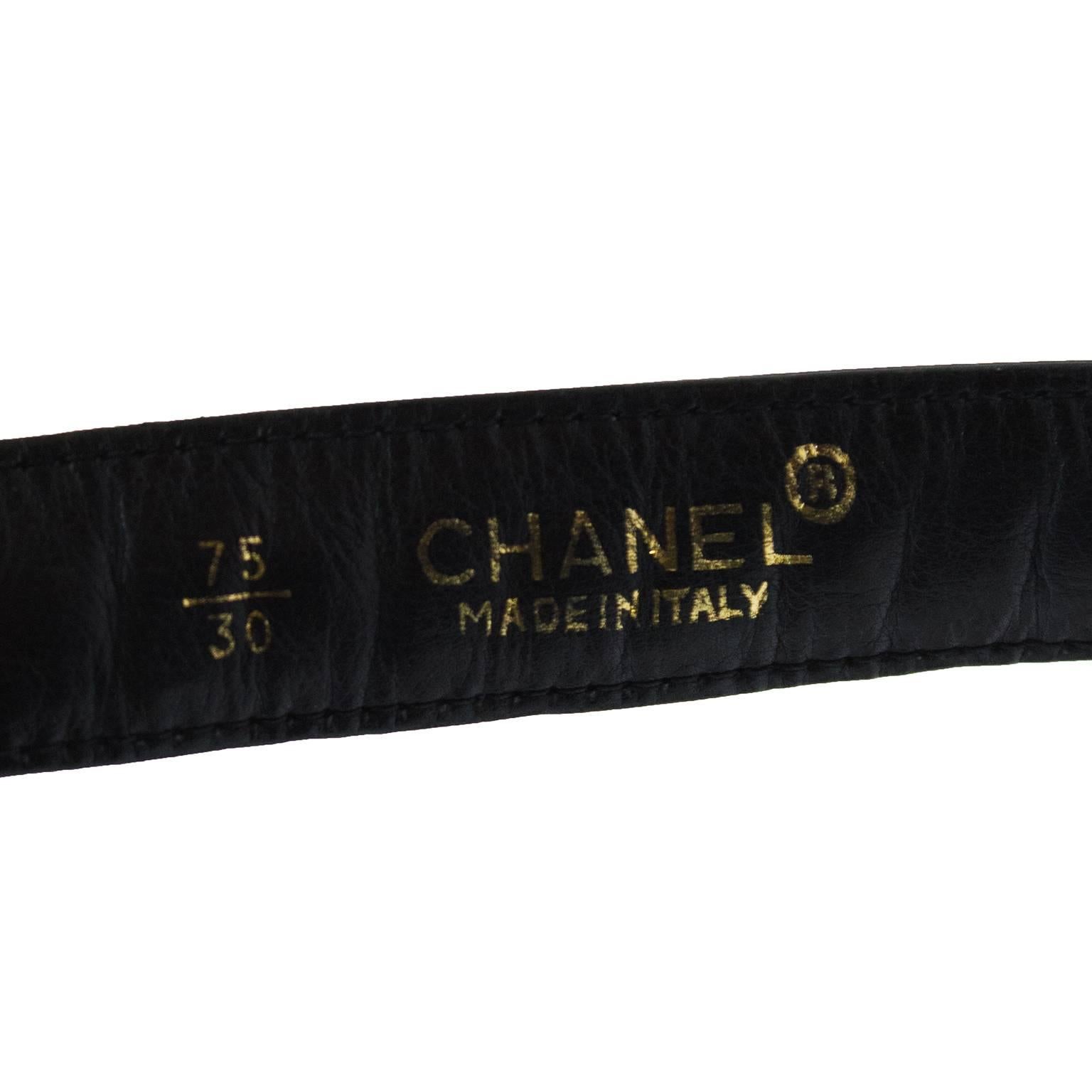 1980's Chanel Black Leather Skinny Belt With Chain Detail 1