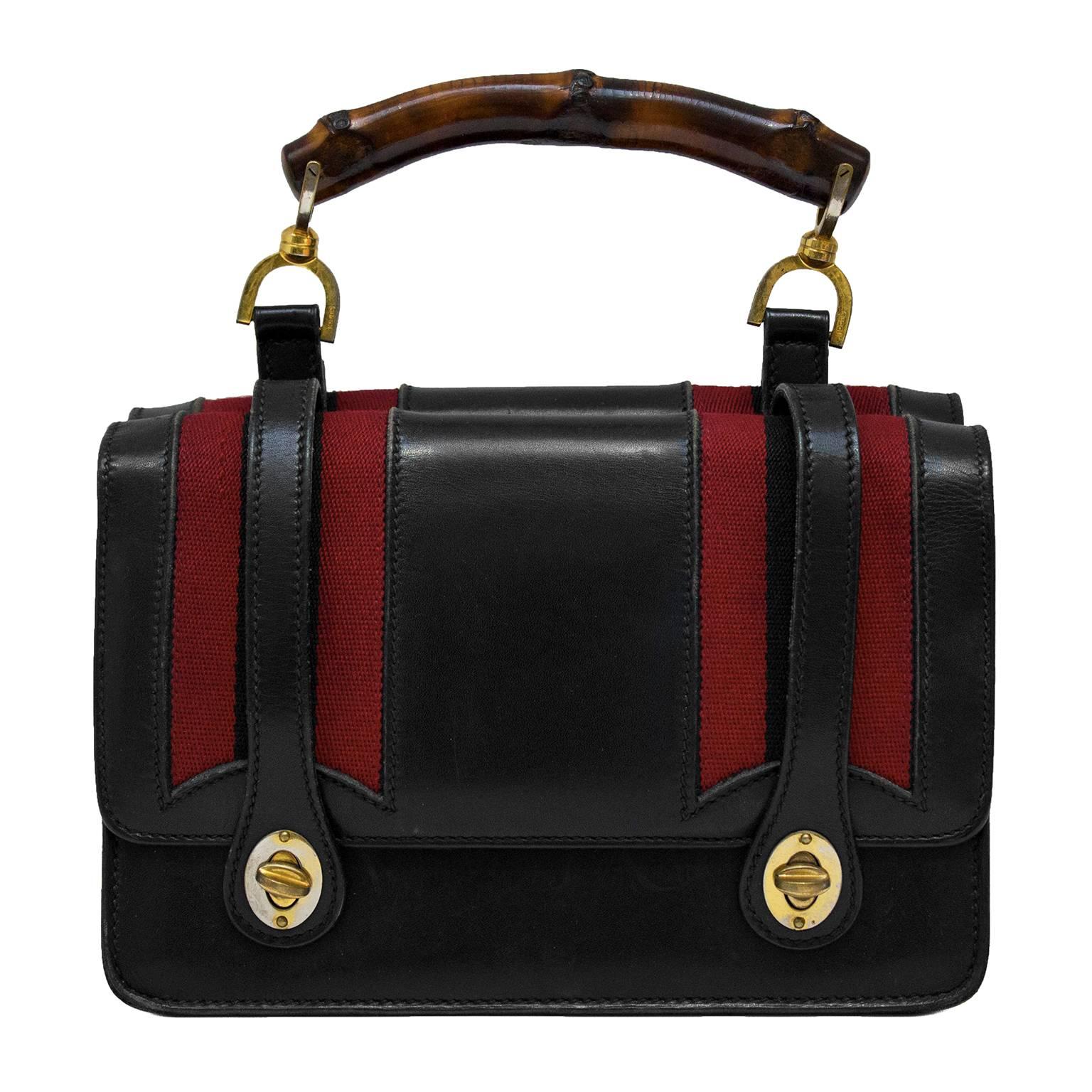 1960's Gucci Bamboo Top Handle Black Leather Handbag