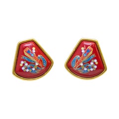 1980's Hermes Red Enamel Clip On Earrings
