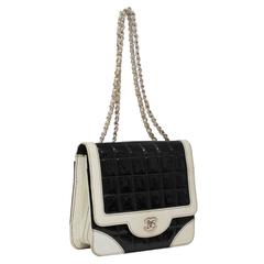 1980's Chanel Black and White Patent Leather Shoulder Bag