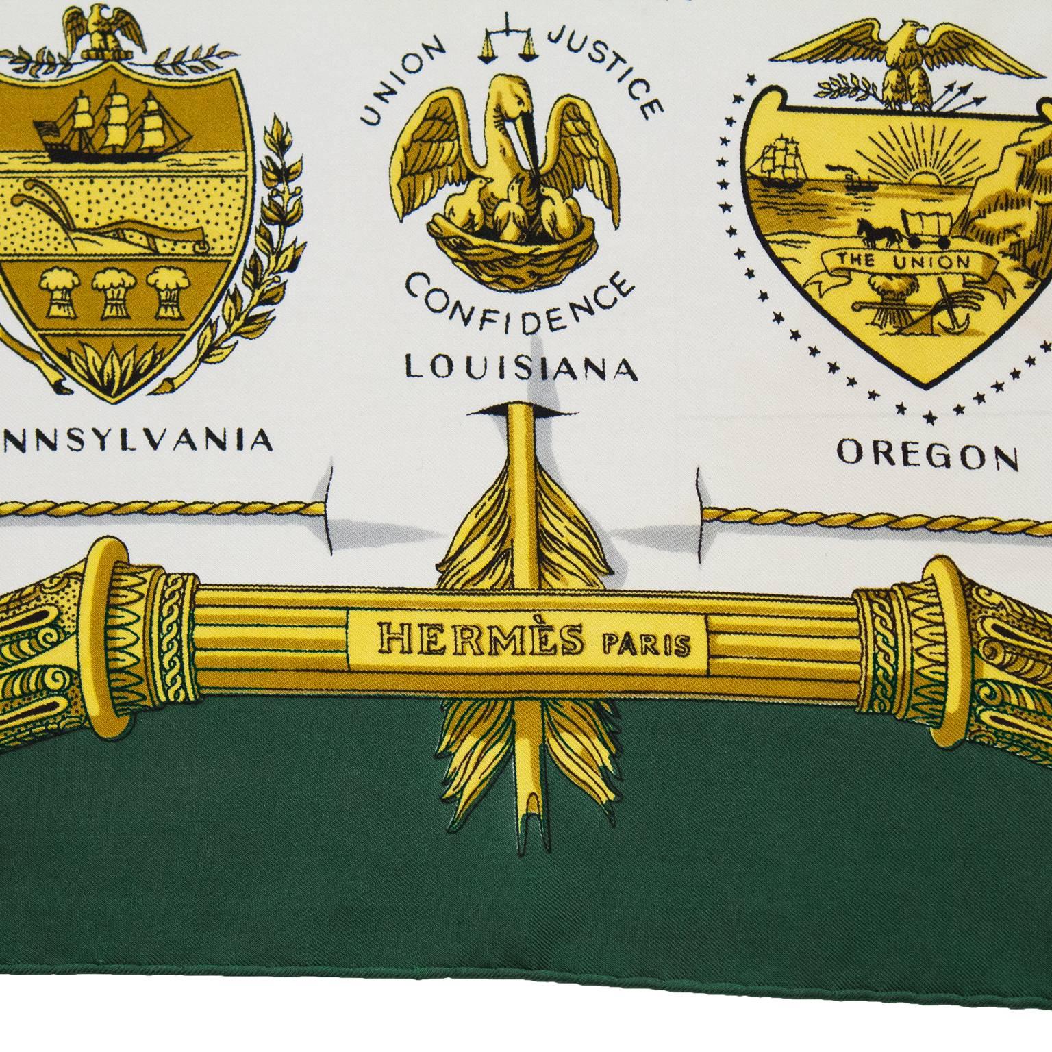 1976-1978 Hermes green white and gold Arms of the United States silk scarf. Original design dates from 1955. This classic patriotic tribute to the American Bicentennial was produced in honor of the 200th anniversary of the founding of America. In