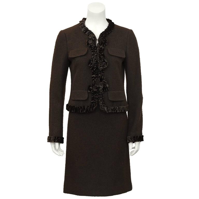 1990's Moschino Brown Wool and Velvet Skirt Suit For Sale at 1stdibs