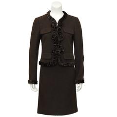 1990's Moschino Brown Wool and Velvet Skirt Suit 2
