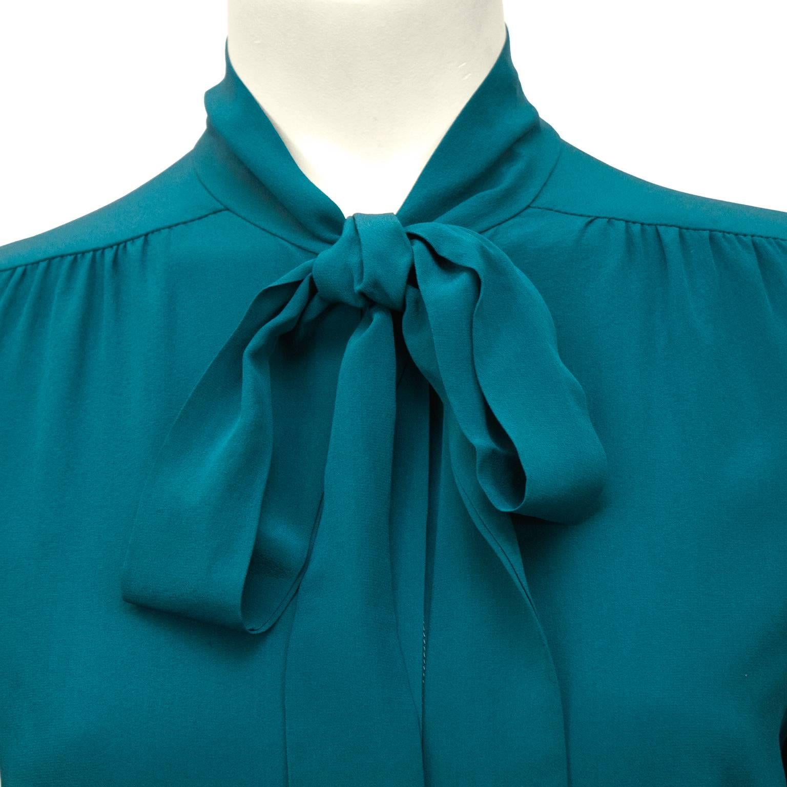 Blue Chanel 1980's Turquoise Silk Pussy Bow Shirt