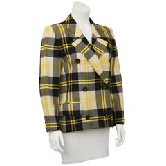 1990's Valentino Yellow Black and White Plaid Wool Blazer