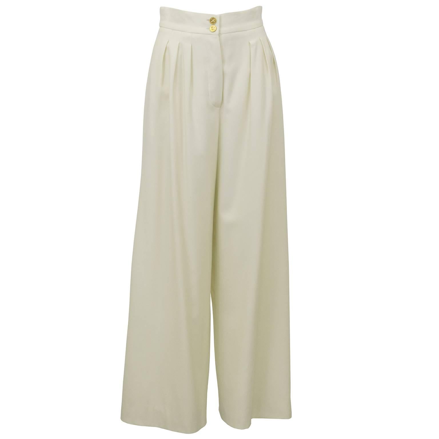 1990s Chanel Cream Wool Wide Leg Trousers 