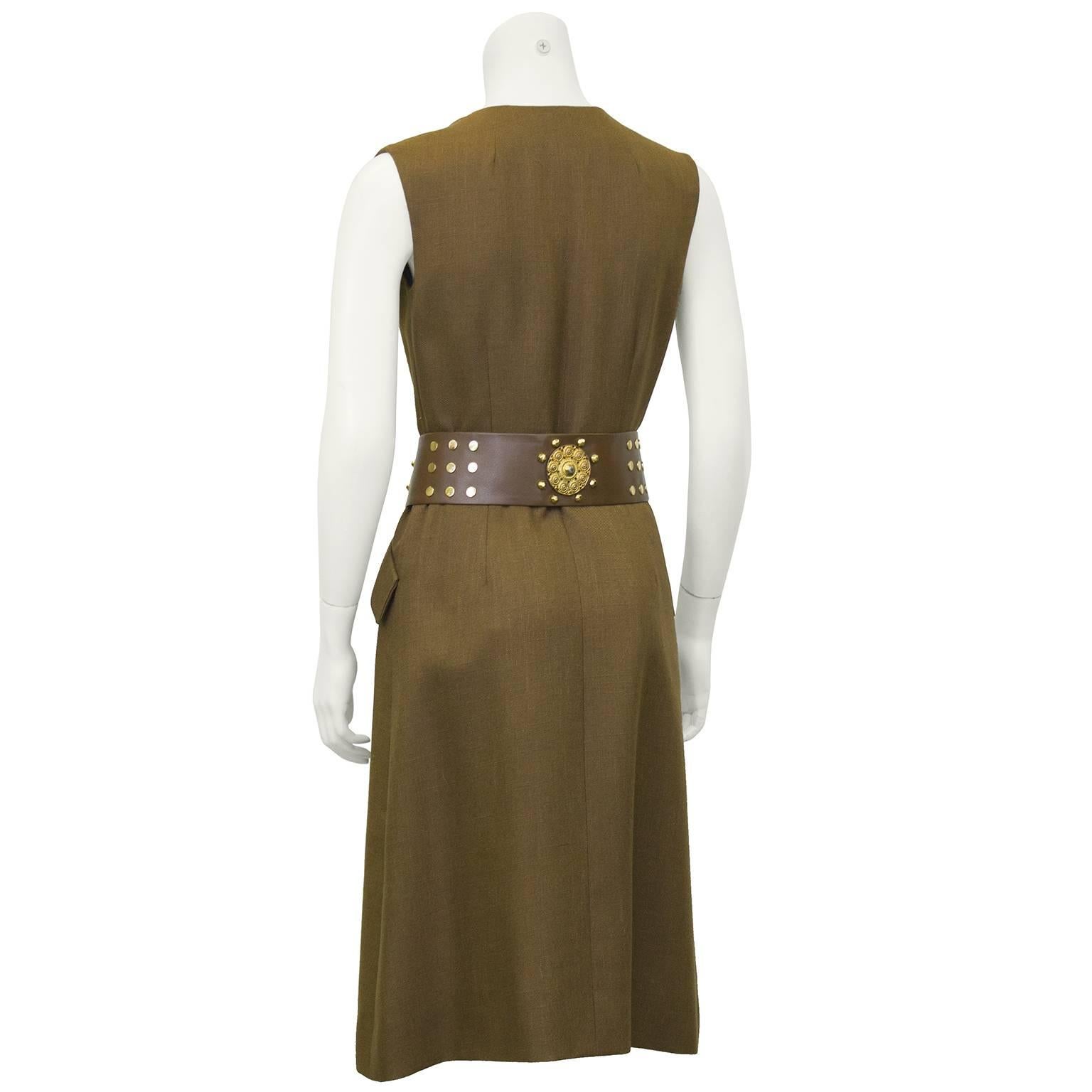 1960s Brown Shannon Rodgers Day Dress with Embellished Belt  In Good Condition In Toronto, Ontario
