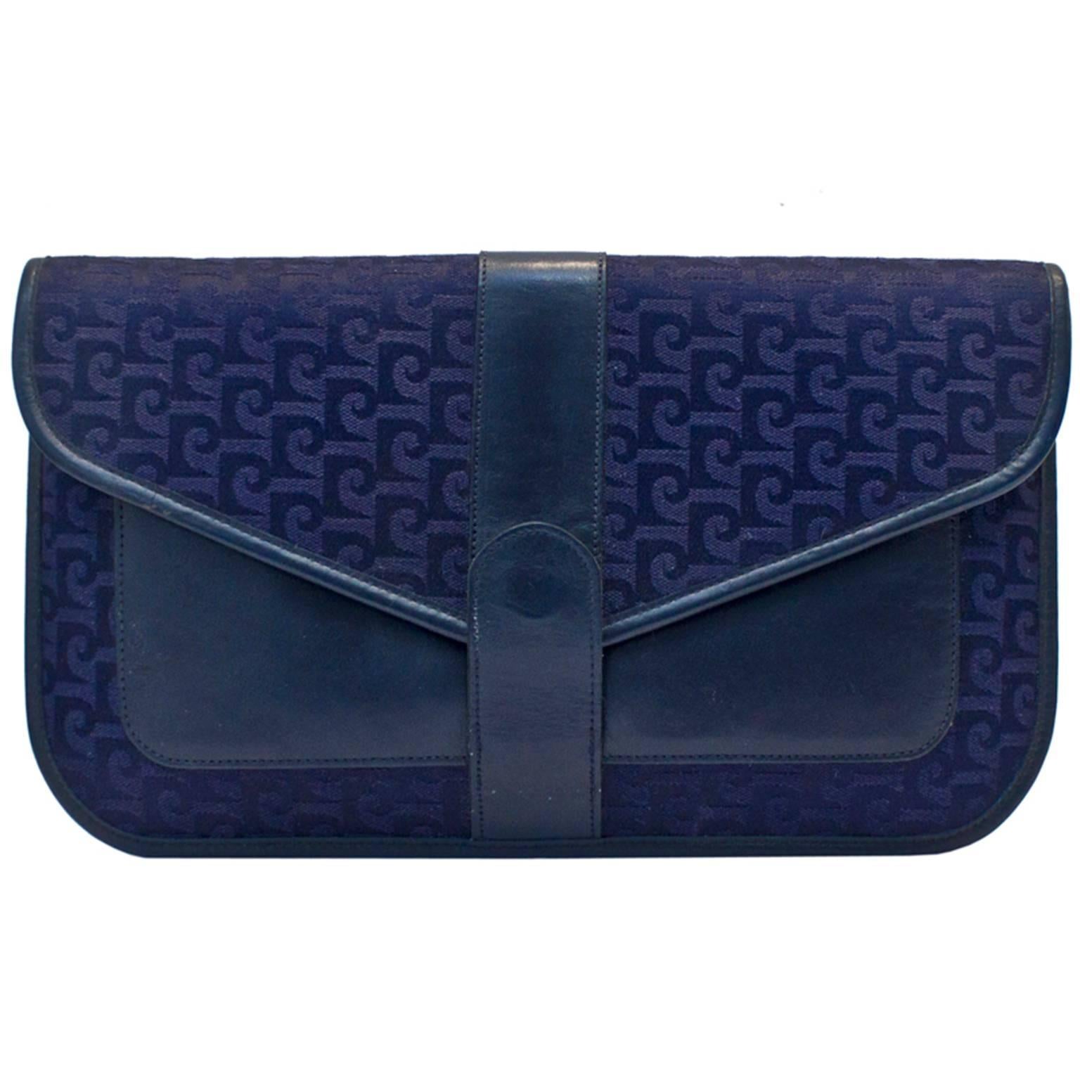 1960s Pierre Cardin Navy Logo Jacquard and Leather Clutch